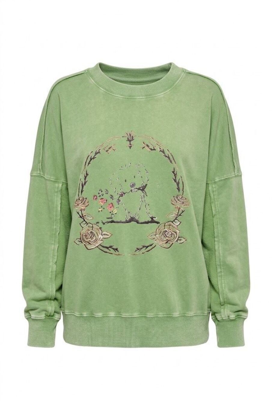 E1980. Easel Green Puppy Oversized Graphic Washed Cotton Terry Sweatshirt